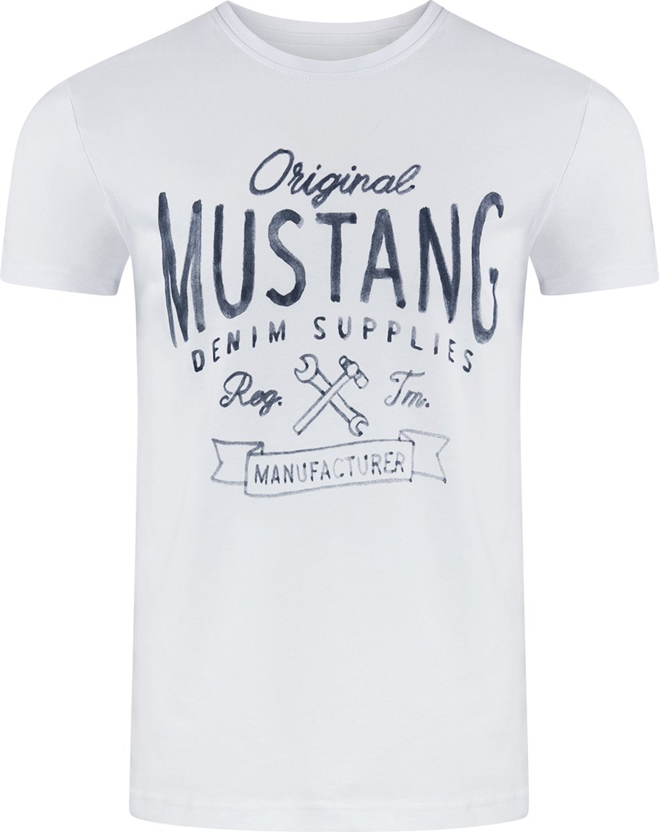 Mustang Heren T-Shirt Basic Print Tee regular fit Wit 3XL Ronde Hals Volwassenen Opdruk Print Shirts
