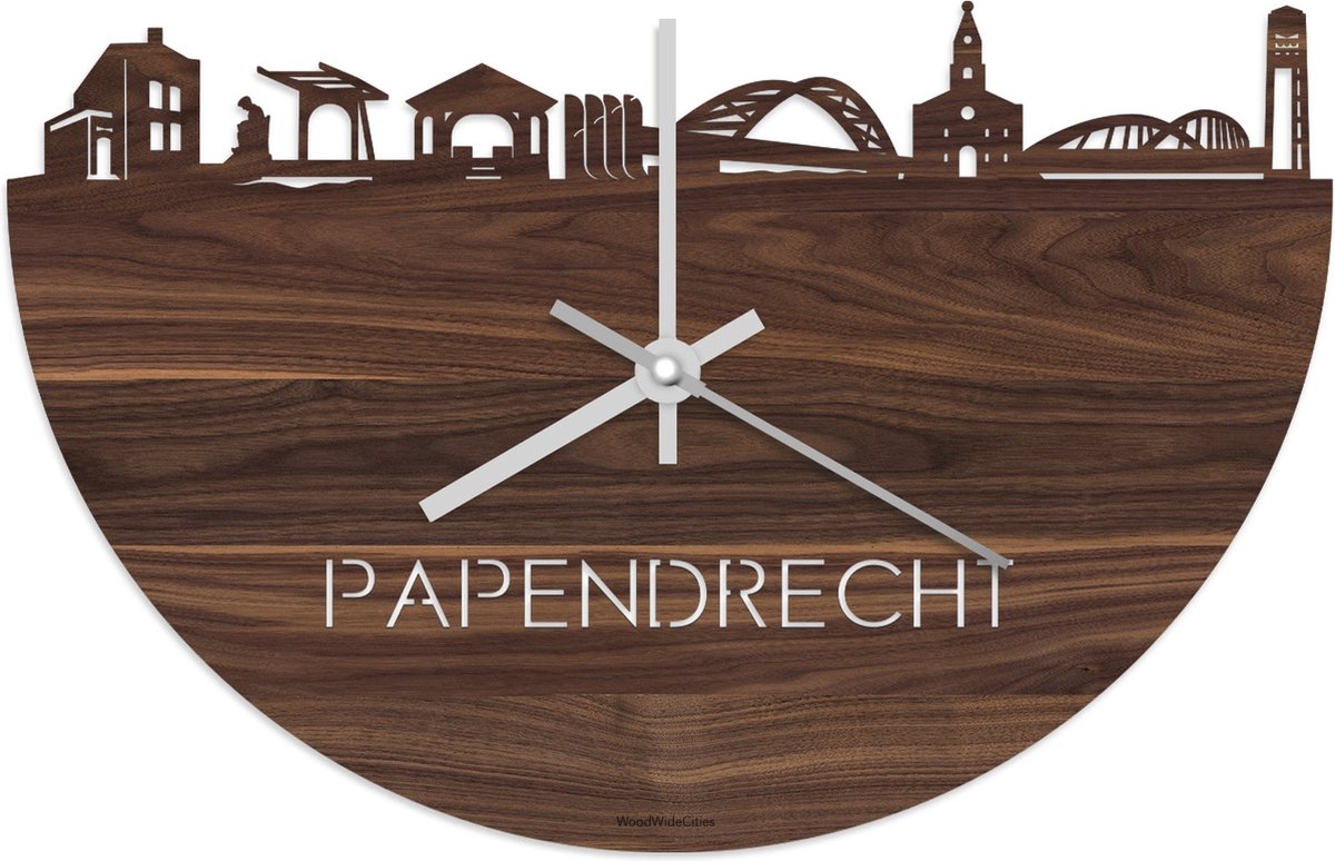 Skyline Klok Papendrecht Notenhout - Ø 40 cm - Stil uurwerk - Wanddecoratie - Meer steden beschikbaar - Woonkamer idee - Woondecoratie - City Art - Steden kunst - Cadeau voor hem - Cadeau voor haar - Jubileum - Trouwerij - Housewarming -