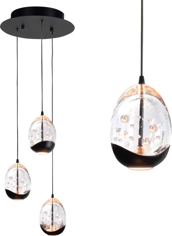Lampe suspendue ronde moderne Clear Egg | 3 lumières | transparent / noir | verre / métal | 150 cm de long | lampe salle à manger / salon | design moderne / attrayant / romantique