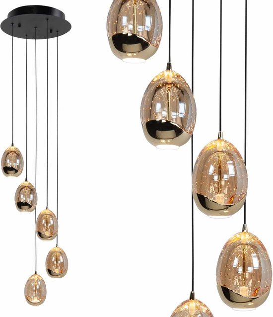 Sierlijke ronde hanglamp Golden Egg | 5 lichts | goud / zwart | glas / metaal | 155 cm lang | eetkamer / woonkamer / kantoor lamp | modern / sfeervol / romantisch design