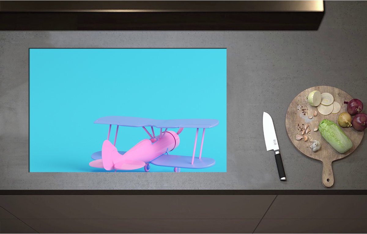 Inductieplaat Beschermer - Achteraanzicht van Roze Zweefvliegtuig tegen Felblauwe Achtergrond - 85x51 cm - 2 mm Dik - Inductie Beschermer - Bescherming Inductiekookplaat - Kookplaat Beschermer van Zwart Vinyl