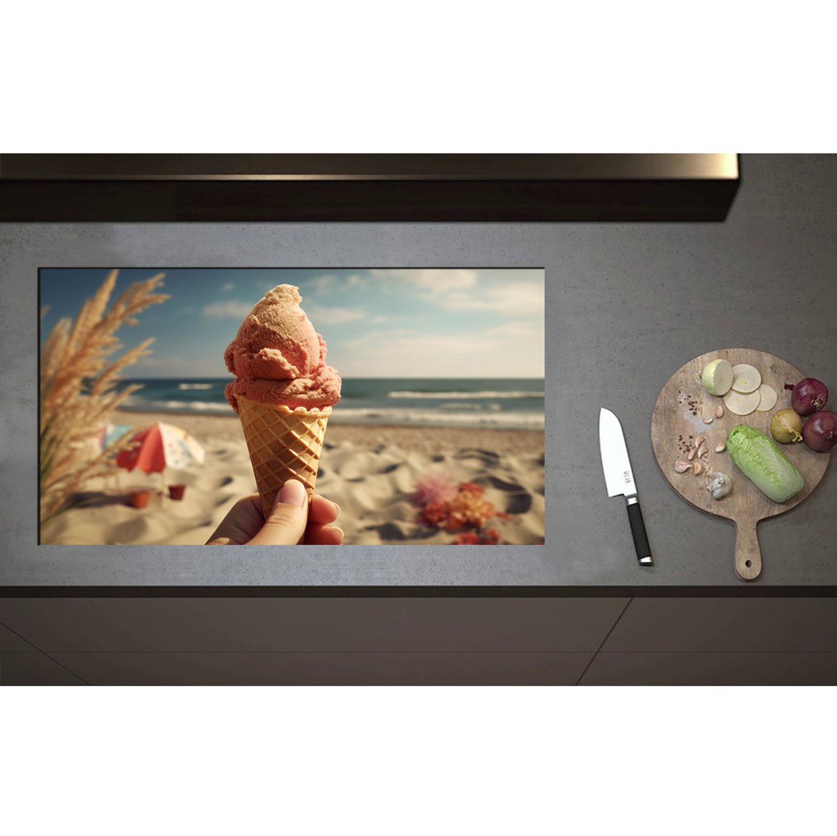 Inductieplaat Beschermer - Aardbeienijs in Horentje met Uitzicht op de Zee en het Strand - 90x50 cm - 2 mm Dik - Inductie Beschermer - Bescherming Inductiekookplaat - Kookplaat Beschermer van Zwart Vinyl