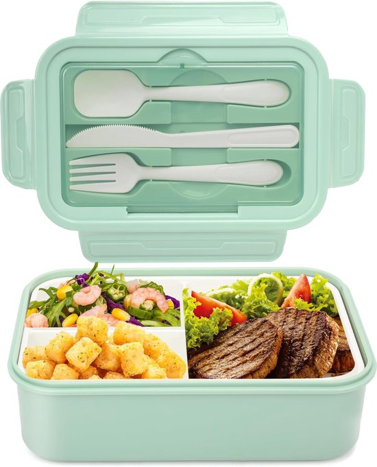 Foto: Lunchbox bento box broodtrommel voor volwassenen 1400 ml met 3 vakken voor kinderen incl bestek snackbox voor magnetrons en vaatwassers school werk picknick reizen grijs sausbox 