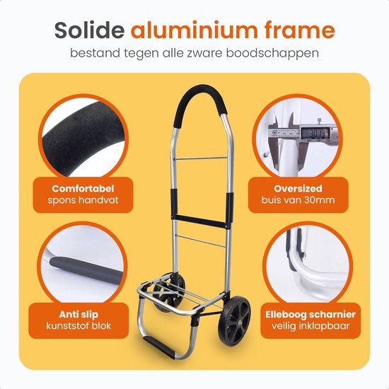 Zilveren boodschappentrolley met zwarte wielen, comfortabel handvat, oversized buis, anti-slip blok en elleboog scharnier.