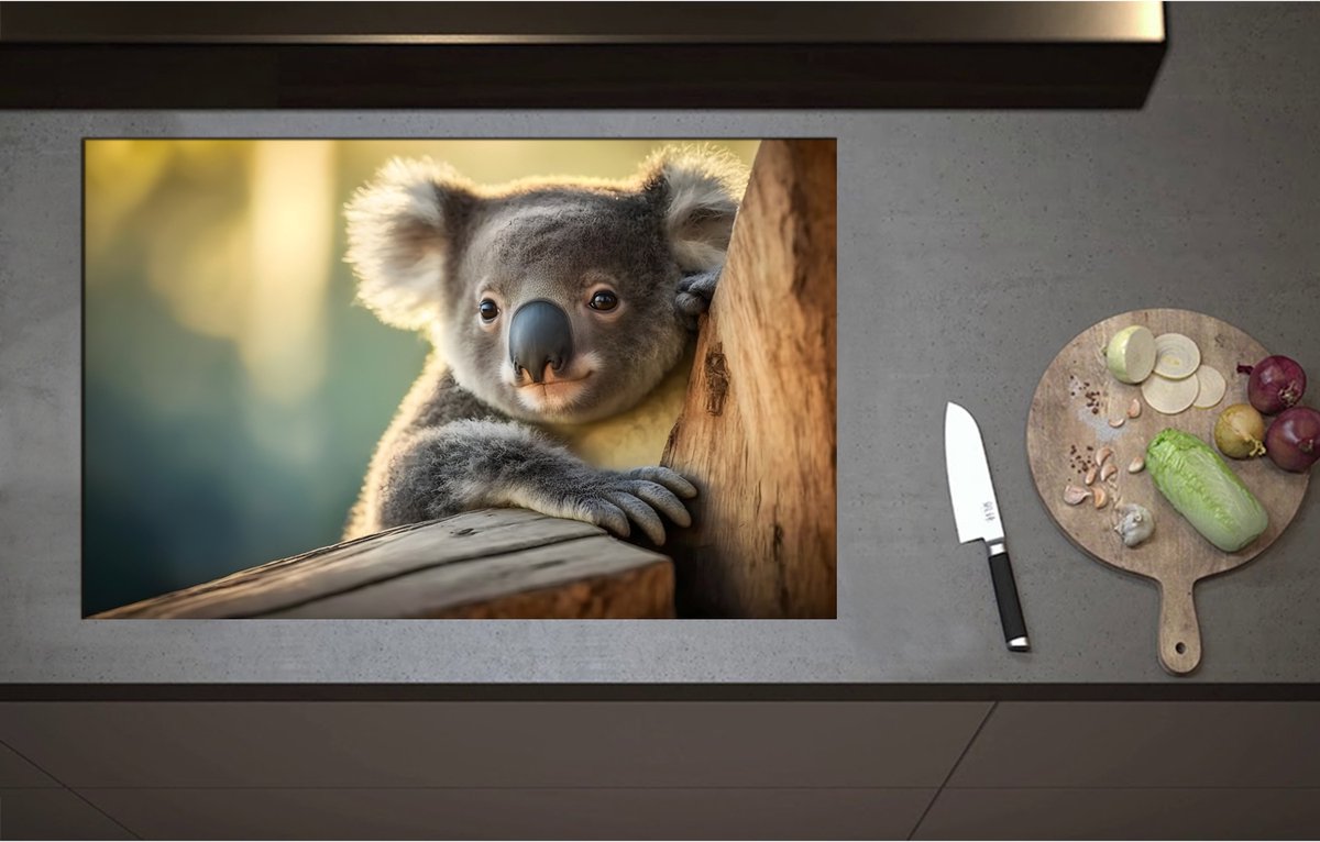 Inductieplaat Beschermer - Aandoenlijke Koala van Achter Boom - 85x55 cm - 2 mm Dik - Inductie Beschermer - Bescherming Inductiekookplaat - Kookplaat Beschermer van Zwart Vinyl