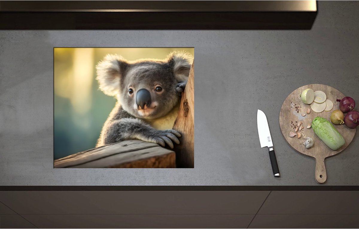 Inductieplaat Beschermer - Aandoenlijke Koala van Achter Boom - 59x51 cm - 2 mm Dik - Inductie Beschermer - Bescherming Inductiekookplaat - Kookplaat Beschermer van Zwart Vinyl