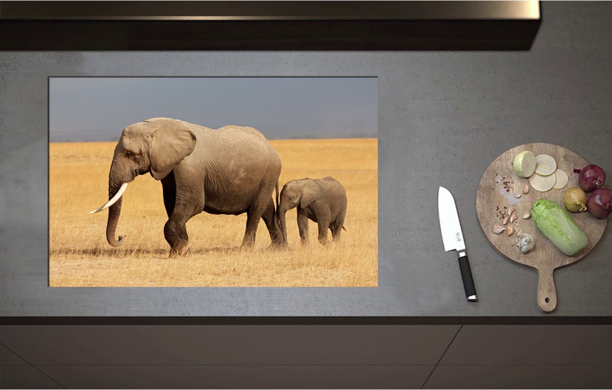 Inductieplaat Beschermer - Afrikaanse Olifant met Baby Olifantje - 80x52 cm - 2 mm Dik - Inductie Beschermer - Bescherming Inductiekookplaat - Kookplaat Beschermer van Zwart Vinyl
