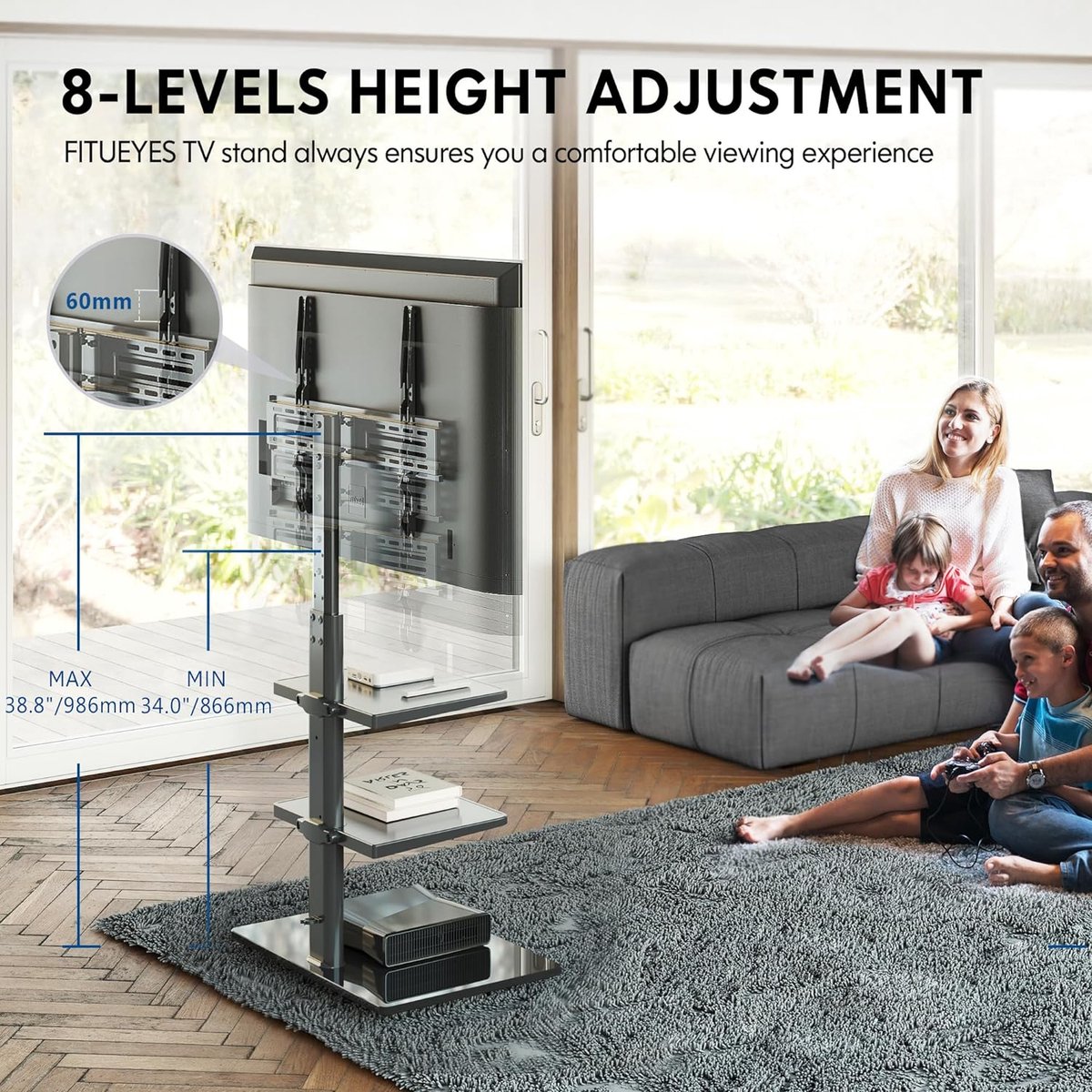 FITUEYES TV-standaard vloer voor 32-60 inch TV, draaibaar & hoogte verstelbaar voor vlakke & gebogen LCD LED OLED TV enz, Max VESA 600x400mm (wit