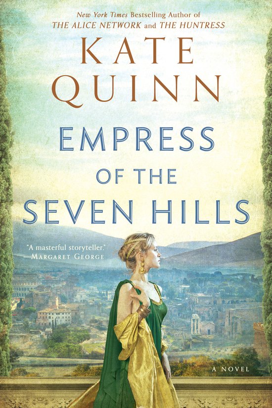 Boekcover 'Empress of the Seven Hills' met op de voorgrond een vrouw in een groene jurk met gouden sjaal.