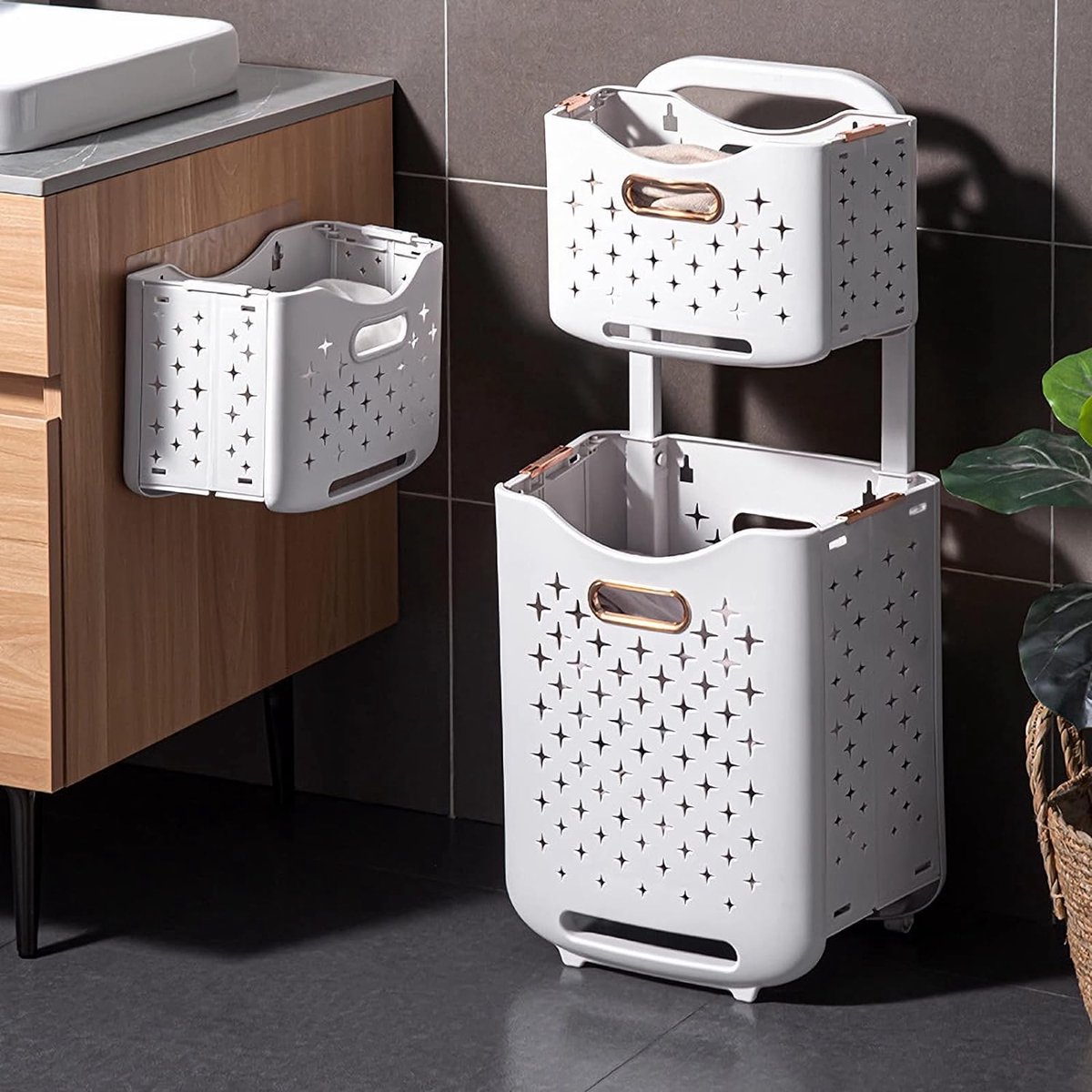 Goedkoopste 2-laags wasmand, kunststof, grote opvouwbare wasmand met wielen voor slaapkamer, badkamer, wasmanden, wit