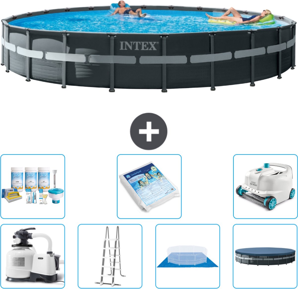 Intex Rond Ultra XTR Frame Zwembad - 732 x 132 cm - Inclusief Pomp - Ladder - Grondzeil - Afdekzeil Onderhoudspakket - Glasparels - Stofzuiger