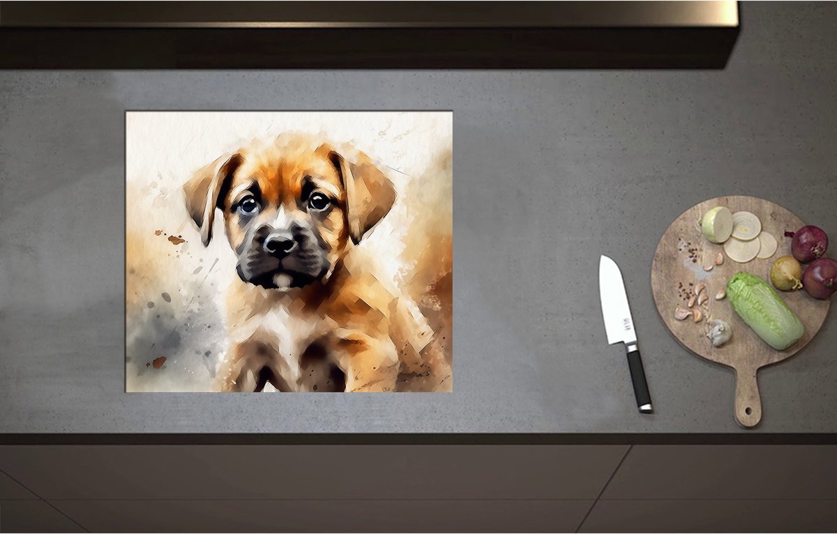Inductieplaat Beschermer - Aquarel Tekening van Bruine Puppy - 59x51 cm - 2 mm Dik - Inductie Beschermer - Bescherming Inductiekookplaat - Kookplaat Beschermer van Zwart Vinyl