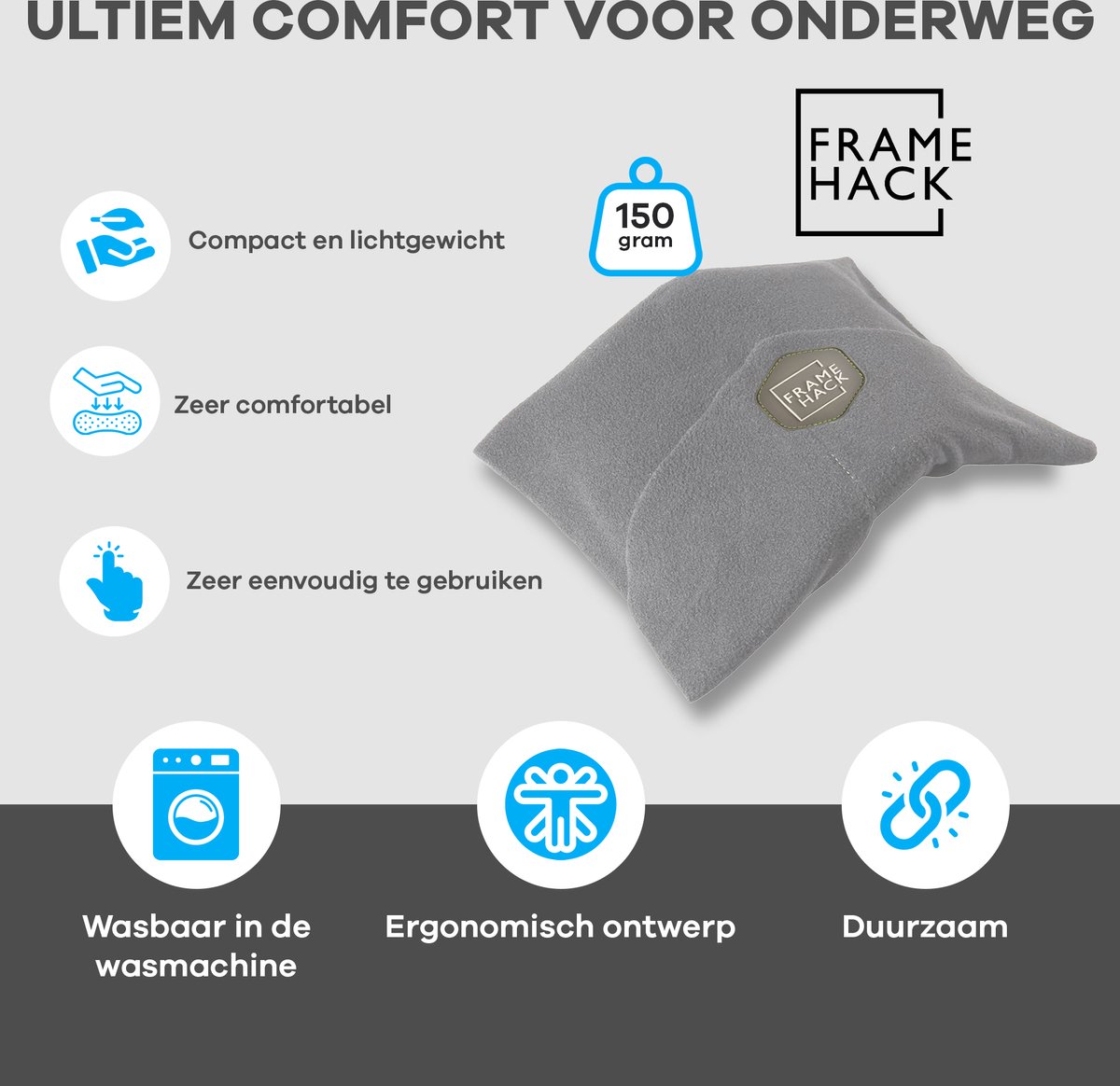 Bol.com Framehack - Zacht Travel Pillow Reiskussen - Neksteun Nek Support - Nekkussen - inclusief 3D slaapmasker & oordopjes – L... aanbieding