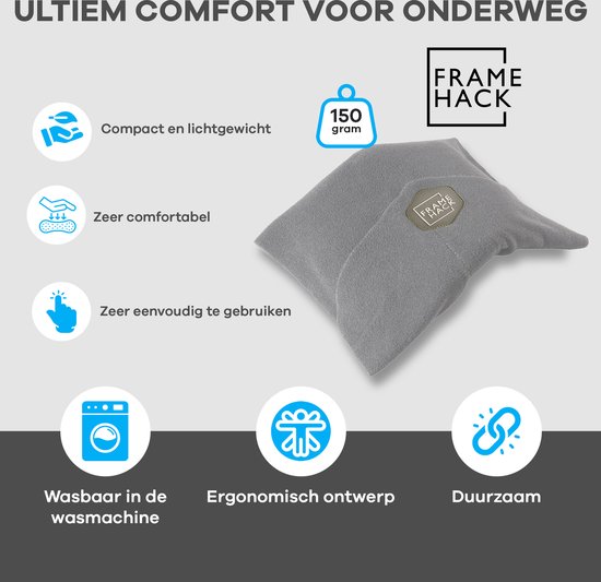 Framehack - Zacht Travel Pillow Reiskussen - Neksteun Nek Support - Nekkussen - inclusief 3D slaapmasker & oordopjes – Lichtgrijs