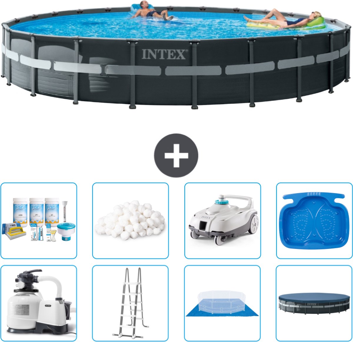 Intex Rond Ultra XTR Frame Zwembad - 732 x 132 cm - Inclusief Pomp - Ladder - Grondzeil - Afdekzeil Onderhoudspakket - Filterbollen - Stofzuiger - Voetenbad