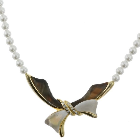 Collier Behave - collier de perles - blanc - couleur or - gris - pendentif noeud - coquillage - 45 cm