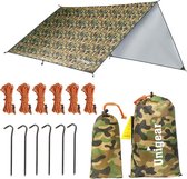 Tarp 3 x 3 waterdichte camouflage, tentzeil voor hangmat, waterdicht met oogjes + 6 haringen + 6 touwen, regenbescherming, zonwering voor outdoor camping