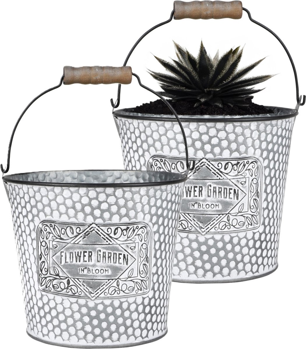 Goedkoopste Sunnydays Emmer/plantenpot/bloempot - 2x - zink - zilver - D17 x H14 cm