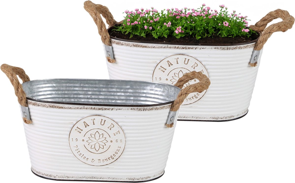 Goedkoopste Sunnydays Teil/plantenpot/bloempot - 2x - zink - ivoorwit - L24 x D14 x H12 cm