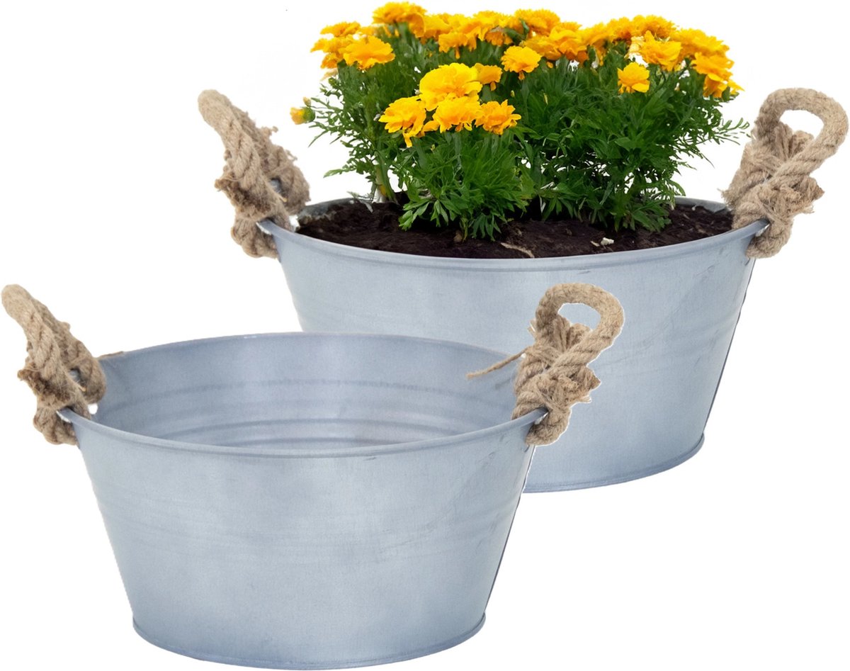 Goedkoopste Mega Collections Teil/plantenpot/bloempot Old Rope - 2x - zink - zilver - D26 X H12.5 cm