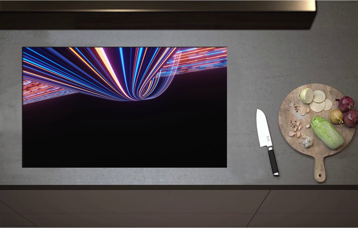 Inductieplaat Beschermer - Abstracte Neonkleurige Lijnen - 85x51 cm - 2 mm Dik - Inductie Beschermer - Bescherming Inductiekookplaat - Kookplaat Beschermer van Zwart Vinyl