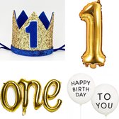 Eerste verjaardag set met hoedje en diverse ballonnen blauw met goud - eerste - verjaardag - 1 - cakesmash - ballon - one - verjaardagshoed