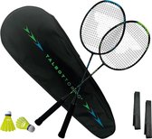 Carbon Badmintonset, professioneel, 2 badmintonrackets, 2 veerballen, 2 handgrepen & rackettas voor training en sport