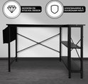 Zwart L-vormig bureau met modern en stijlvol design, met een hoogwaardig en duurzaam houten blad.