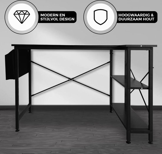 Zwart L-vormig bureau met modern en stijlvol design, met een hoogwaardig en duurzaam houten blad.