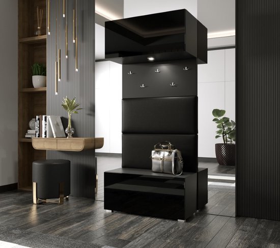 Kledingkast - Halmeubel - Schoenenkast - 5 hangers - Planken - Kleur Glanzend zwart + Zwarte panelen