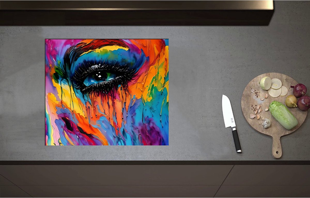 Inductieplaat Beschermer - Acrylverf Schilderij van Deel van Regenboogkleurig Gezicht - 60x52 cm - 2 mm Dik - Inductie Beschermer - Bescherming Inductiekookplaat - Kookplaat Beschermer van Zwart Vinyl