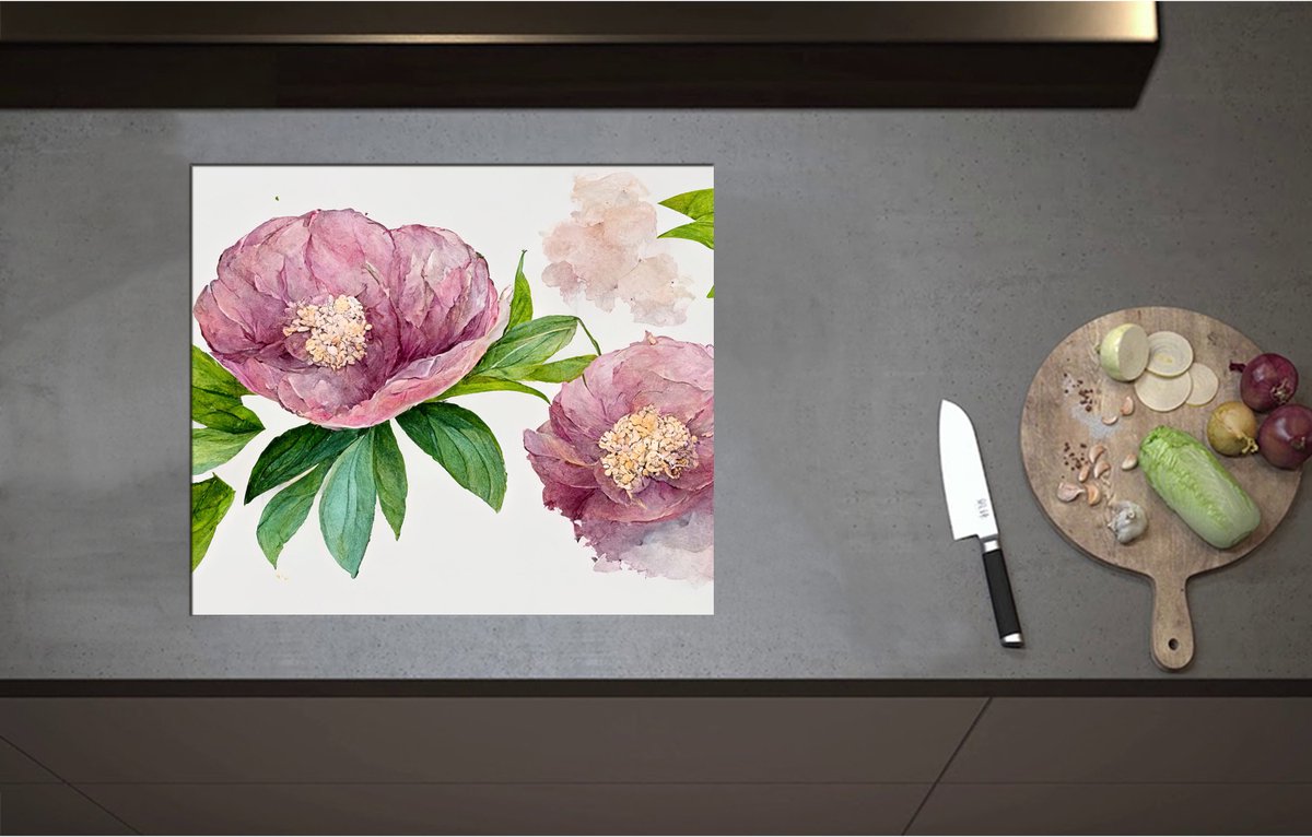 Inductieplaat Beschermer - Aquerel Tekening van Roze Bloemen - 60x52 cm - 2 mm Dik - Inductie Beschermer - Bescherming Inductiekookplaat - Kookplaat Beschermer van Zwart Vinyl