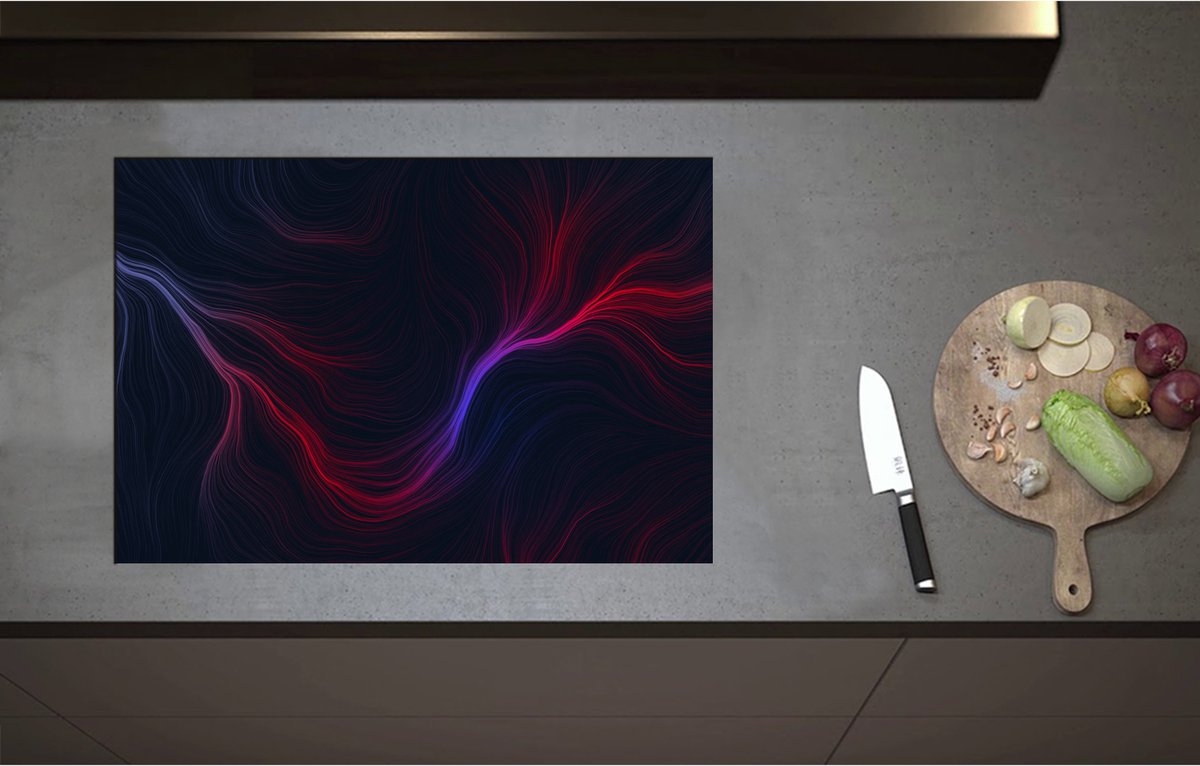 Inductieplaat Beschermer - Abstracte Rood met Paarse Lijnen - 75x51 cm - 2 mm Dik - Inductie Beschermer - Bescherming Inductiekookplaat - Kookplaat Beschermer van Wit Vinyl