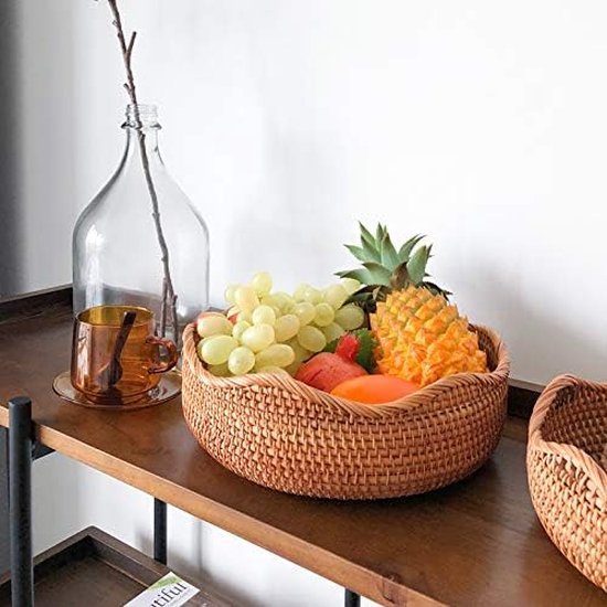 YANGQIHOME Natuurlijke rotan opbergmanden, rechthoekige geweven fruitmanden, rieten decoratie en organizer voor badkamer, woonkamer (set van 3