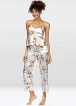 Lange satijnen damespyjama - comfortabele pyjama met oranje print - sinaasappelprint- Flowers L