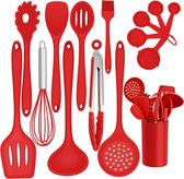 Keukengerei, 15 stuks siliconen keukenhulpen, kookbestek, set met gebruiksvoorwerpenhouder, anti-aanbakspatel om te koken, niet giftig en levensmiddelenkwaliteit, rood