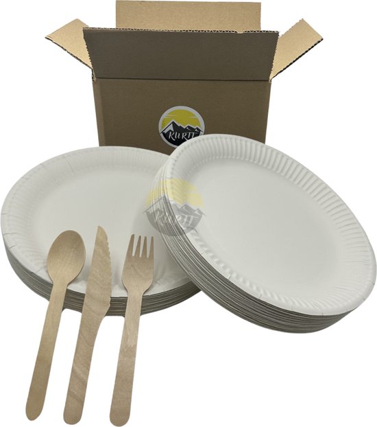 KURTT - bestek set hout 100x mes 100x lepel 100x vork + kartonnen borden 100 x - wegwerpborden - serviessets - besteksets - bordenset - ideaal voor feestjes - barbecue - camping van KURTT — afbeelding 2