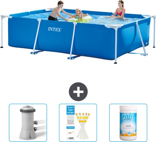 Rechthoekig Intex zwembad met blauwe wanden en wit frame, met een gezin erin. Inclusief filterpomp, teststrips en een pot chloortabletten.