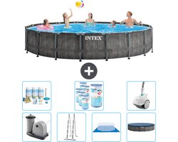 Intex Rond Prism Frame Greywood Zwembad - 549 x 122 cm - Inclusief Pomp - Ladder - Grondzeil - Afdekzeil Onderhoudspakket - Filters - Stofzuiger
