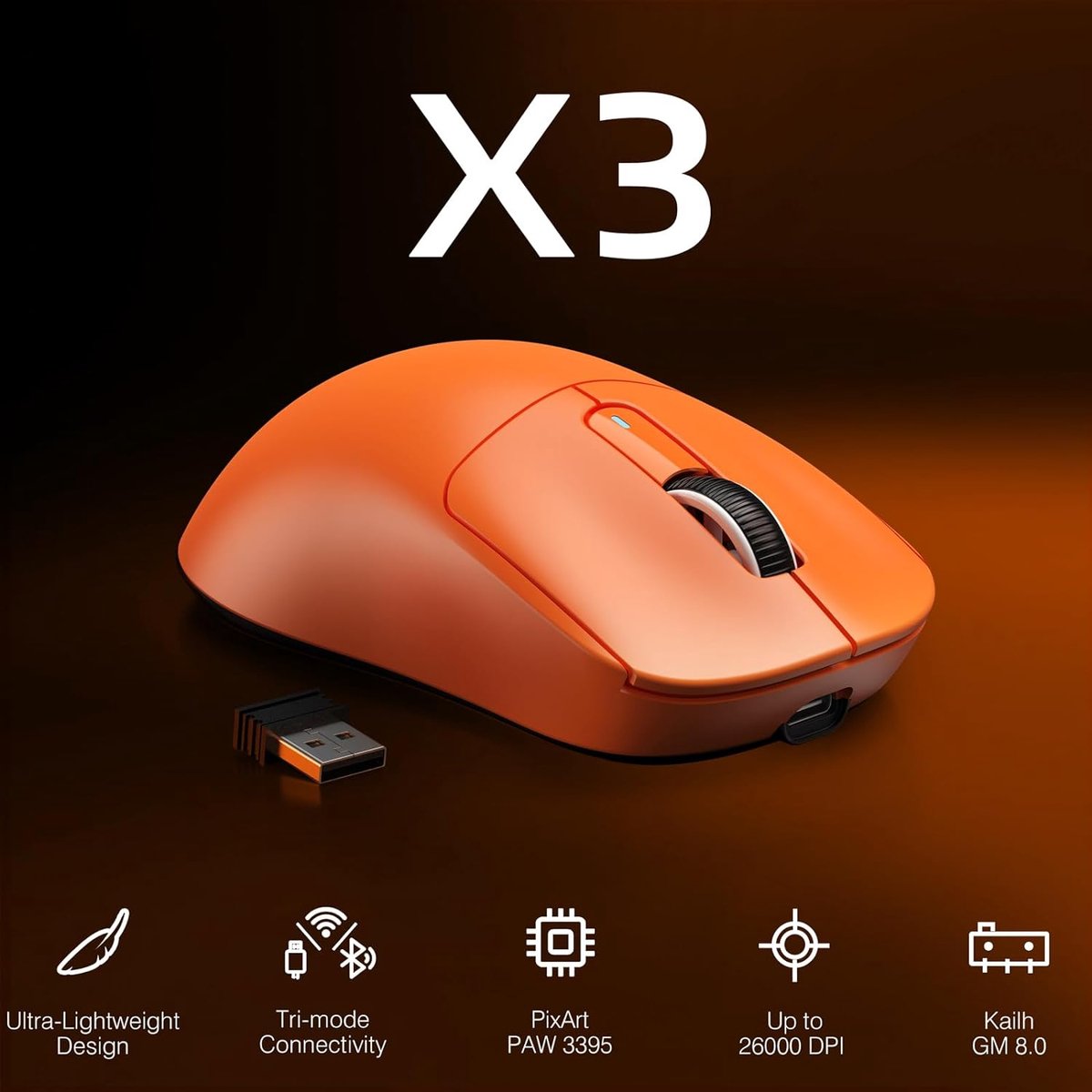 ATTACK SHARK Draadloze Gaming Muis - Wired/2.4G/BT5.4 - Lichtgewicht 49G - PAW3395 - 26000DPI - Oranje thumbnail 2