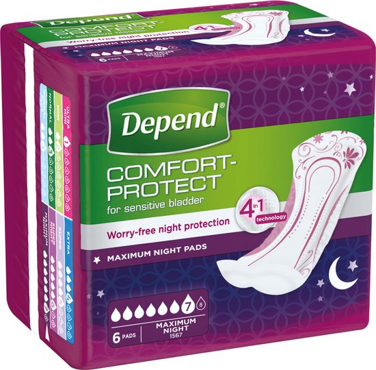 Depend Comfort-Protect maximale nachtbescherming verbanden, 6 stuks per pak.