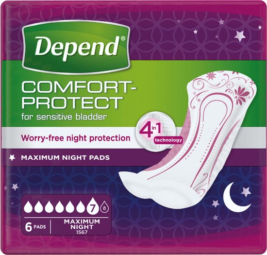 Depend Comfort-Protect verband voor gevoelige blaas, maximale nachtbescherming.