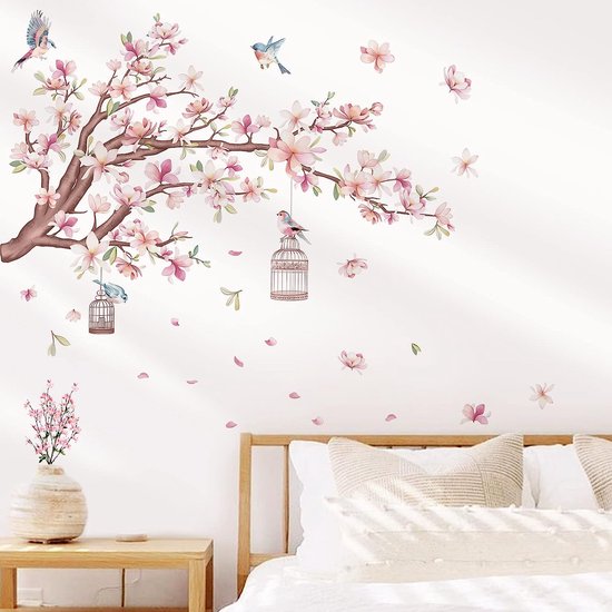 Roze en Witte Bloemen Muurstickers Magnolia Boom Tak Vogels Art Decals voor Woonkamer Slaapkamer TV Muur