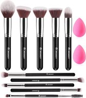 Make-upborstelset Premium synthetische Kabuki Foundation gezichtspoeder Blush Oogschaduwborstels Makeupborstelset met Blender Spons (10 + 2 stuks, zwart/zilver)
