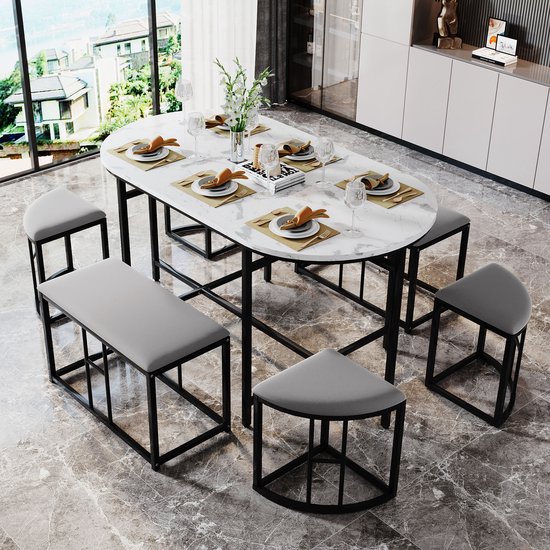 Eetgroep (set, met eettafel, 4 kleine krukjes en 2 grote krukjes), keuken eettafelset gemaakt van stalen frame Modern wit en zwart