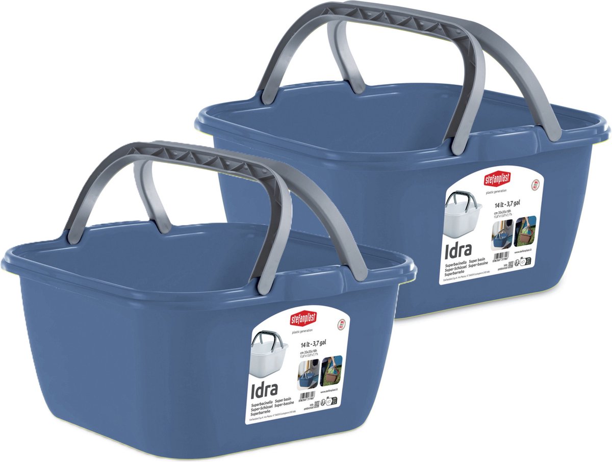 Goedkoopste Stefanplast Wasmand/draagmand/teil met hengsel - 2x - kunststof - 13 Liter - blauw - 35 x 35 x 18 cm - Schoonmaak/huishoud teilen