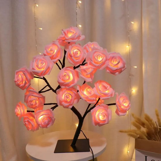 Rozenboom lamp - 24 LED - Roze blaadjes - Tafellamp - Decoratielamp - Liefde - Lichtboom – Lampjes Boom – LED Tree Nachtlampje – Vouwbaar – Moederdag - Valentijn- Geschenklamp - 230v stekker inclusief