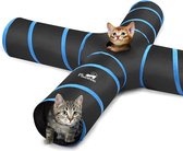 Kattentunnel, premium 4-weg tunnel uitbreidbaar opvouwbaar kattenspeelgoed doolhof offset tunnel kattenspeelgoed met pompon en bellen voor kittens konijnen, zwart en lichtblauw