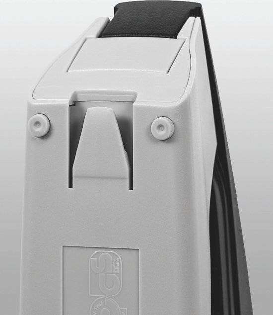 Grijze nietmachine met een zwart handvat.