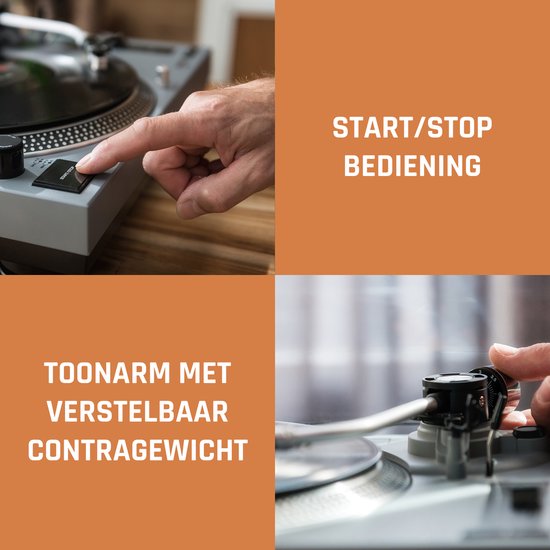 Duidelijke weergave van de toonarm met verstelbaar contragewicht en start/stop bediening op een platenspeler.